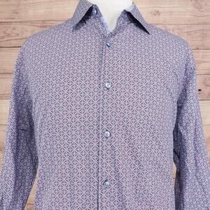 Tasso Elba Shirt Mens 2XL Blue Red Geometric Print Long Sleeve Button Up Cotton